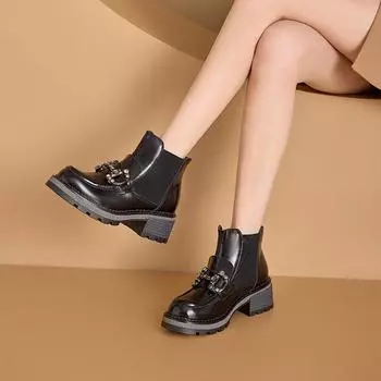 Осенние кожаные ботинки челси небольшого размера, женские, с толстой подошвой, со стразами, без застежек, повседневные туфли 32