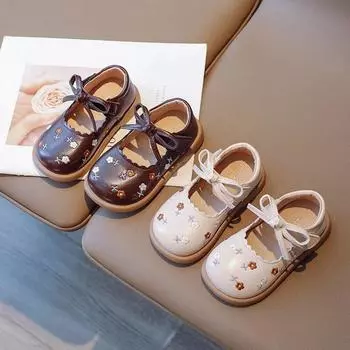 Осенние кожаные туфли для маленьких девочек, классические детские туфли на плоской подошве с цветочной вышивкой, бежевые, коричневые, для детей 21–30 лет, Мэри Джейн 21 бежевый