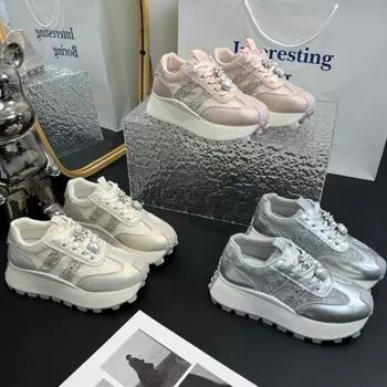 Осенние кожаные туфли на платформе из серебристого цвета с толстой подошвой, роскошные массивные кроссовки для женщин 2024 года, кроссовки со шнуровкой, увеличивающие рост 35 золотой