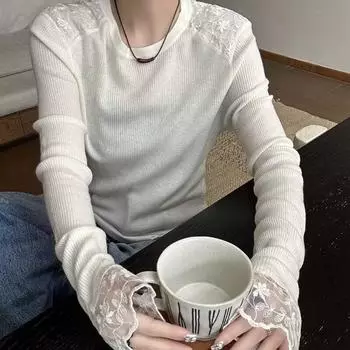 Осенние кружевные сращивания с длинным рукавом пуловеры футболки женские модные зимние однотонные женские футболки топы элегантные повседневные футболки с круглым вырезом женские 25853 One Size белый