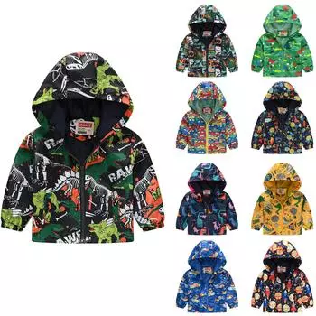 Осенние куртки для малышей, детская куртка с капюшоном на молнии с принтом динозавра для мальчиков и девочек, ветрозащитные пальто с длинными рукавами 100