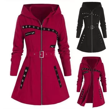 Осенние куртки для женщин, толстовка с карманом на молнии и длинным рукавом, пальто средней длины, однотонная верхняя одежда с капюшоном и поясом XXXL чёрный