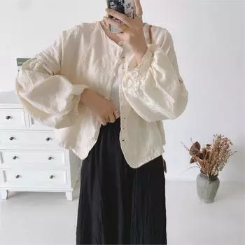 Осенние льняные винтажные свободные женские куртки с вышивкой и рукавами-фонариками, однобортные однобортные пальто One Size кофейный