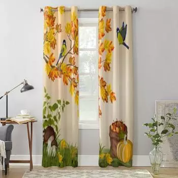Осенние листья, грибы, тыква, оконная занавеска для гостиной, спальни, украшения, роскошные кухонные занавески с балдахином 135W x 60H(cm) x1