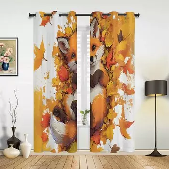 Осенние листья, мультяшные животные, лисы, шторы для спальни, гостиной, кухни, детской комнаты, занавески для окна, современный домашний декор 135W x 60H(cm) x1