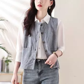 Осенние литературные хлопковые льняные жилеты, топы, обтягивающие полосатые майки, жилеты и жилеты без рукавов больших размеров для женщин M серый