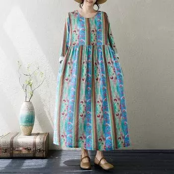 Осенние литературные платья больших размеров из хлопка и льна с принтом, с круглым вырезом и длинным рукавом, женские длинные платья XL