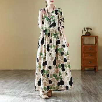 Осенние литературные женские длинные платья больших размеров с принтом, круглым вырезом и длинными рукавами XL