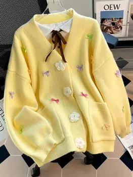 Осенние милые свободные топы для женщин, шикарный дизайн, V-образный вырез, карамельные цвета, банты, женские повседневные модные вязаные кардиганы Kawaii, новые One Size розовый