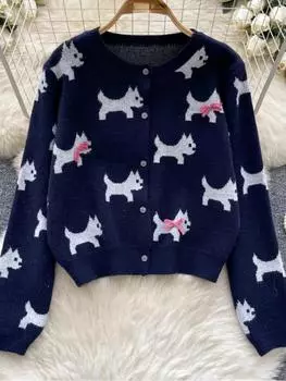 Осенние милые свободные топы для женщин, шикарный дизайн, принт щенка, топы с круглым вырезом и бантом, женский корейский модный вязаный кардиган, новинка 2024 года S серый