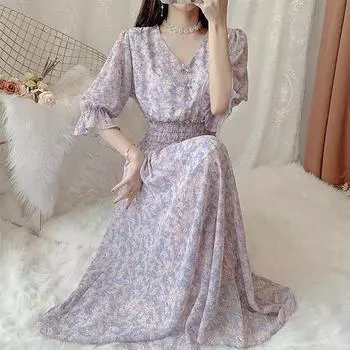 Осенние многослойные платья, женское повседневное платье трапециевидной формы с цветочным принтом и v-образным вырезом, женские шифоновые платья M