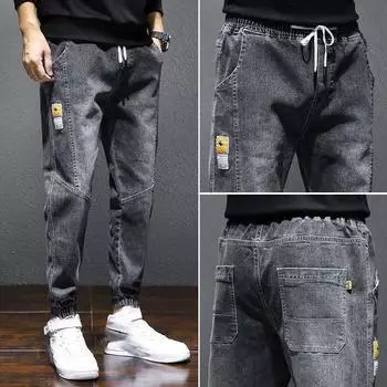 Осенние модные мужские джинсы в корейском стиле, свободные шаровары, модные брендовые студенческие рабочие брюки, теплый зимний стиль XXXXXL чёрный