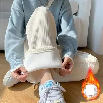 Осенние модные свободные повседневные плюшевые широкие брюки женские зимние толстые бархатные свободные женские брюки однотонные прямые офисные женские брюки с высокой талией 31057 S орион