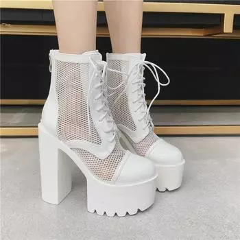 Осенние модные туфли-лодочки, сексуальные женские короткие сапоги, водонепроницаемые сетчатые ботильоны на шнуровке, туфли на высоком каблуке, танцевальная обувь для ночного клуба 35