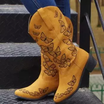 Осенние модные женские средние сапоги с вышивкой бабочки, женские ковбойские сапоги на толстом каблуке с острым носком 35 чёрный