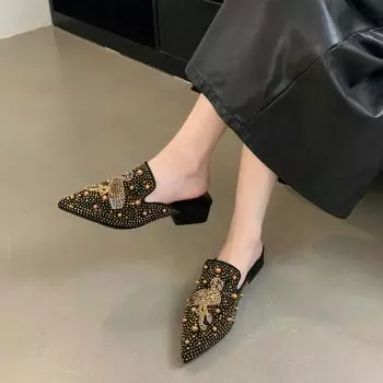 Осенние модные женские тапочки на среднем каблуке с острым носком, замшевые, со стразами, заклепками, тапочки на толстом каблуке, верхняя обувь 35
