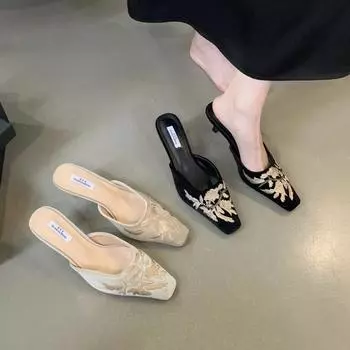 Осенние модные женские тапочки с квадратным носком и вышитым цветком, замшевые тапочки на высоком каблуке, подиумная домашняя домашняя обувь 35 абрикосовый