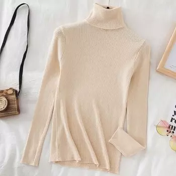 Осенние мягкие тонкие вязаные пуловеры, женская модная водолазка с длинным рукавом, теплый свитер, женский стильный элегантный повседневный трикотаж 28206 One Size чёрный