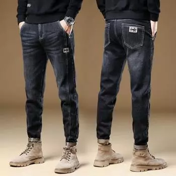 Осенние мужские джинсы из эластичного денима с подкладкой, обычные тонкие прямые джинсовые брюки с подкладкой, мужские брюки Tide 28