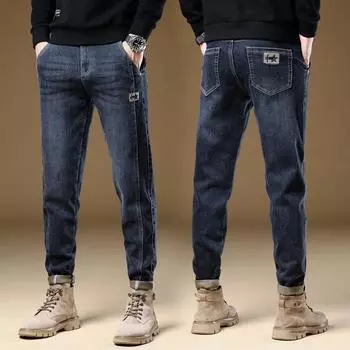 Осенние мужские джинсы из эластичного денима с подкладкой, обычные тонкие прямые джинсовые брюки с подкладкой, мужские брюки Tide 33