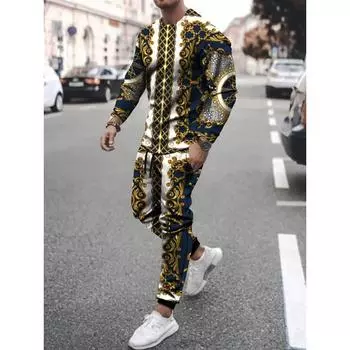 Осенние мужские футболки с длинным рукавом, брюки, костюмы, повседневная одежда, уличная одежда, винтажный спортивный костюм с 3D-принтом, комплекты из 2 предметов, одежда для бега S