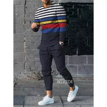 Осенние мужские футболки с длинным рукавом Повседневная уличная одежда Винтажный 3D-принт Спортивные костюмы Штаны Костюмы Комплекты из 2 предметов Наряды для бега S