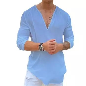 Осенние мужские однотонные хлопковые льняные топы, свободная мужская рубашка с V-образным вырезом и длинными рукавами S белый