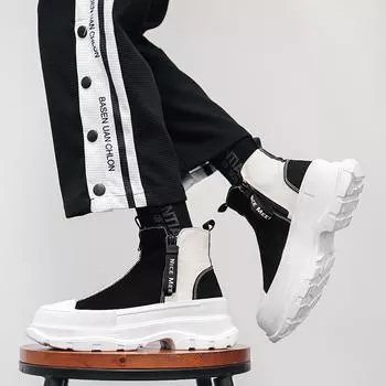Осенние мужские повседневные кроссовки, парусиновые ботильоны на массивной платформе, кроссовки с высоким вырезом на молнии в стиле пэчворк, мужская дышащая спортивная обувь 38 чёрный