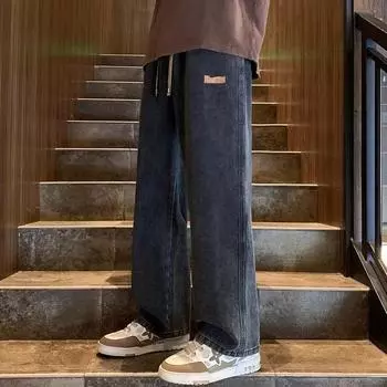 Осенние мужские прямые джинсы сине-серого цвета с завязками Y2K, повседневные широкие джинсы в уличном стиле, мужские мешковатые брюки, универсальные свободные широкие брюки L чёрный