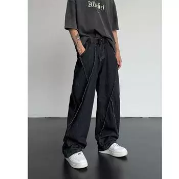 Осенние мужские свободные повседневные уличные брюки с широкими штанинами, мужские рваные джинсы в стиле хип-хоп, мужские рваные брюки из денима в стиле пэчворк XS чёрный