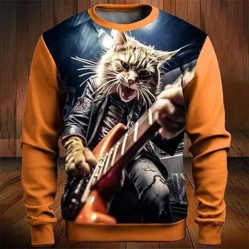 Осенние мужские толстовки Rock Cat 3D Print Long Sleeve T Shirts For Men Round Neck Hoodies Loose Overszied Man Clothing Tops New S
