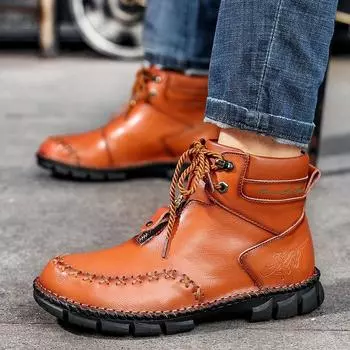 Осенние мужские высокие ботильоны из натуральной кожи, мужская молодежная модная дышащая спортивная обувь, удобная и повседневная кожаная обувь 38 чёрный