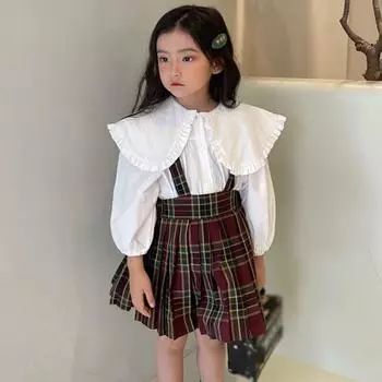 Осенние наряды для девочек, детские комбинезоны, юбки, красное клетчатое платье на подтяжках, милая рубашка с отложным воротником и пышными рукавами, детская одежда, От 3 до 8 лет 7