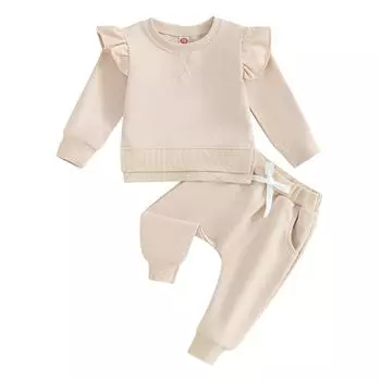 Осенние наряды для маленьких девочек 6 мес, 12 мес, 18 мес, 24 мес, 3 года, кофты с круглым вырезом и боковыми разрезами, с длинными рукавами, с эластичной резинкой на талии, комплект осенней одежды из 2 предметов 2-3 Years розовый