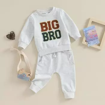 Осенние наряды для маленьких мальчиков, толстовки с длинными рукавами и вышивкой буквами, свитшоты с круглым вырезом и длинные штаны, комплект одежды из 2 предметов 2-3 Years серый