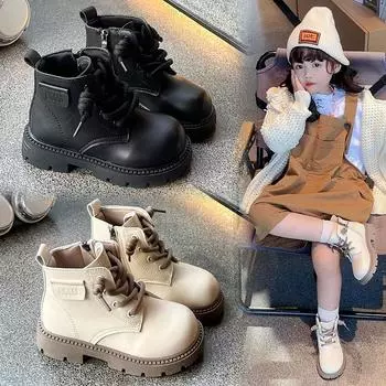 Осенние нескользящие ботинки Martin, маленькие кожаные ботинки, модные ботинки в британском стиле со средним голенищем, модные ботинки для мужчин и девочек, корейская версия, карман 26 чёрный