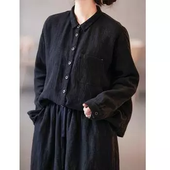 Осенние новинки литературный ретро оригинальный женский чернильно-черный льняной лацкан свободный большой размер повседневная универсальная рубашка L чёрный