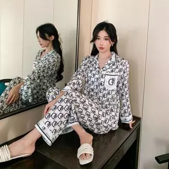 Осенние новые брюки из сетки Ice Silk с длинными рукавами, женская пижама, простой повседневный кардиган, комплект домашней одежды M чёрный