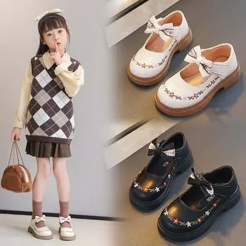 Осенние новые цветочные маленькие кожаные туфли с бантом, туфли-лодочки с коротким горлом, туфли принцессы для выступлений 23 чёрный