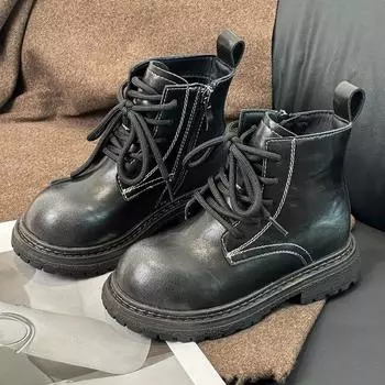 Осенние новые детские Doc Martens ретро полированные кожаные ботинки для мальчиков модные мотоциклетные ботинки для девочек 26 чёрный