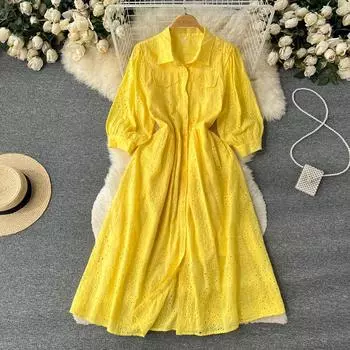 Осенние новые длинные модели с лацканами французского темперамента, легкое платье трапециевидной формы с длинными рукавами для зрелых женщин