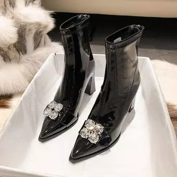 Осенние новые грубые каблуки одинарные сапоги женские модные острые Rhinrhinide молния после противоскользящие износостойкие короткие сапоги 35 бежевый