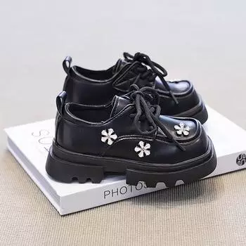 Осенние новые кожаные туфли для девочек с квадратным носком, модные детские туфли принцессы, ретро-детские кожаные туфли на шнуровке 26 чёрный