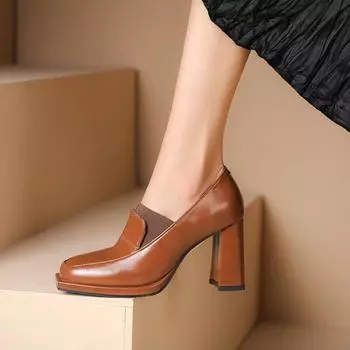 Осенние новые лакированные туфли на толстом каблуке женские туфли с круглым носком и толстой подошвой дизайнерские черно-коричневые туфли-лодочки на шнуровке деловые туфли на каблуке 34 коричневый