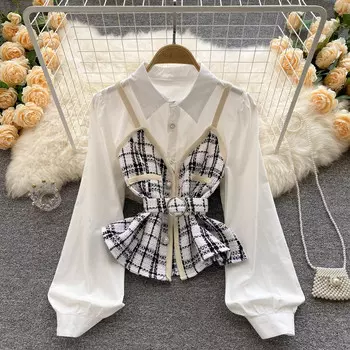 Осенние новые маленькие благовония, вышитые ветром, клетчатые маленькие слинги, искусственные топы из двух предметов с рюшами по краям