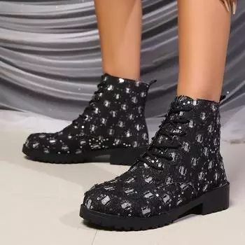 Осенние новые массивные ботинки, женские модные ботинки с круглым носком, блестками спереди, на шнуровке, с мягкой подошвой, нескользящие ботильоны 36 чёрный