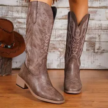 Осенние новые массивные одинарные ботинки для женщин с заостренными рукавами, вышитые нескользящие удобные ботинки до середины икры 36 чёрный