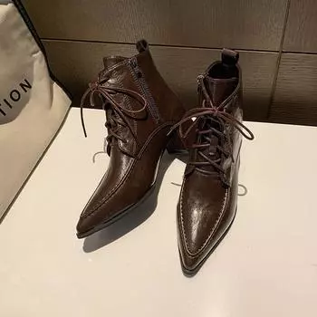 Осенние новые массивные одинарные ботинки женские модные заостренные спереди шнурованные темпераментные удобные короткие ботинки 35 чёрный