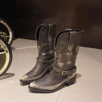 Осенние новые массивные одинарные ботинки женские модные заостренные вышитые металлические цепочки удобные ковбойские ботинки до середины голени 35 серый