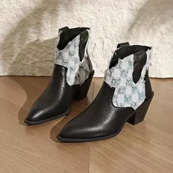 Осенние новые массивные одинарные ботинки женские модные заостренные джинсовые сшитые рукава удобные ботильоны 36